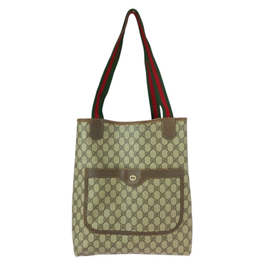 Gucci Vintage Sherry Line Beige Brown GG Supreme Canvas Leather Tote