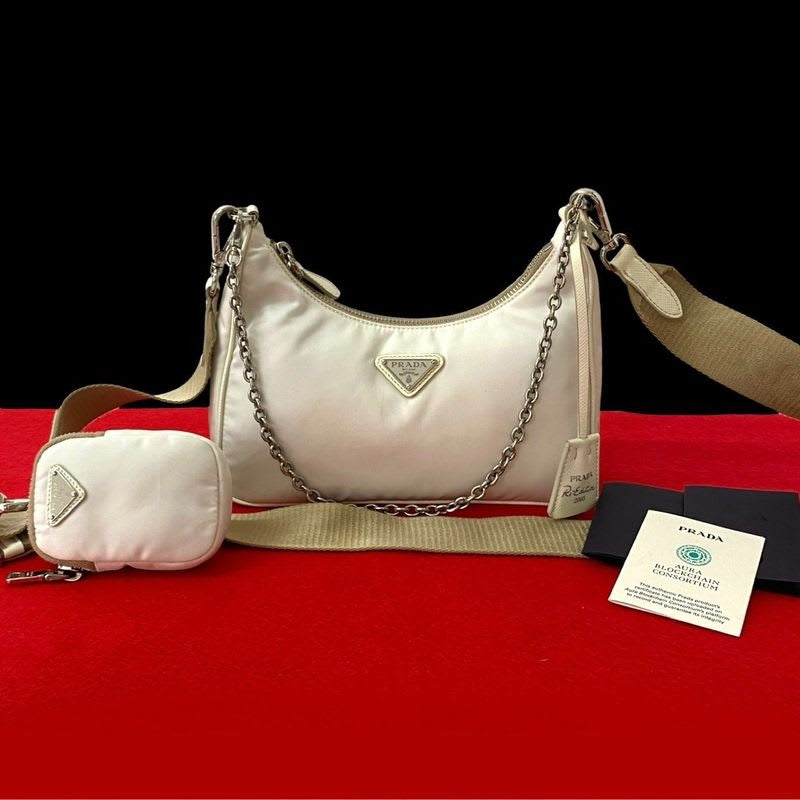 Prada Re Edition Triangle Logo Hardware Nylon Saffiano Leather 2-Way Chain Semi