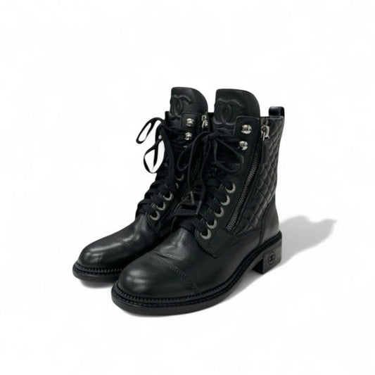 Chanel Boots Short Shoes Leather Black Quilted Lace Up Coco Mark