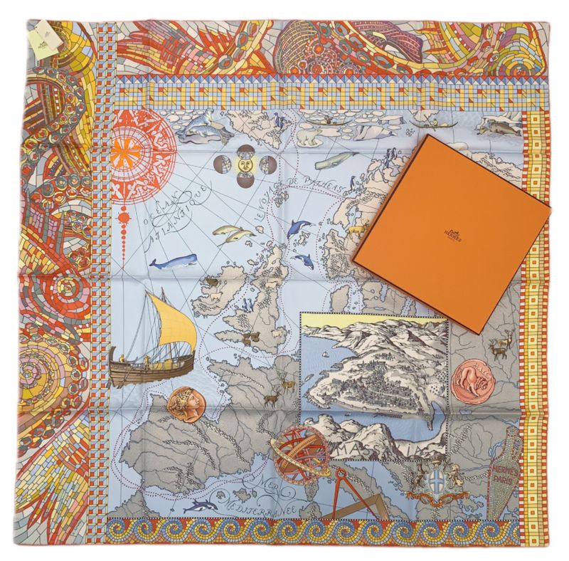 Hermes Carre 90 Le Voyage De Pytheas Scarf With Box Multicolor 100% Silk
