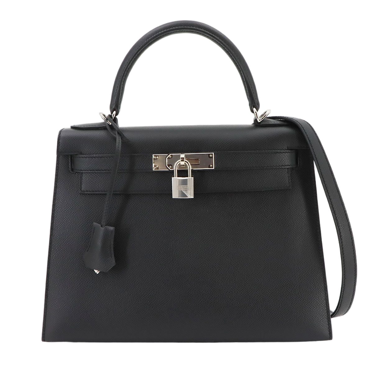 Hermes Kelly 28 Epsom Black 2-Way Bag Sellier Silver