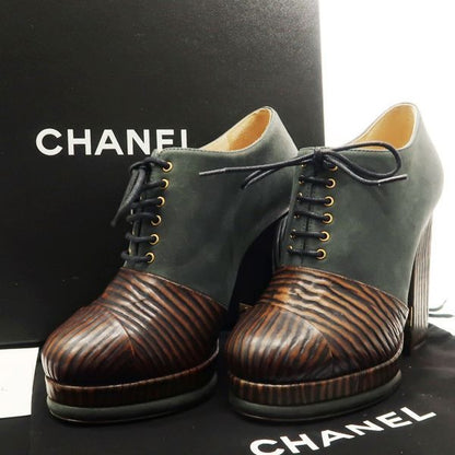 Chanel Booties Chunky Heel 14 A C7257 Lace Up 36 Leather Wood-like