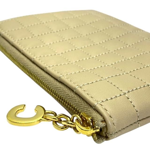 Celine Ccharm Coin Case Coin Purse Mini Pouch Quilted Leather Beige