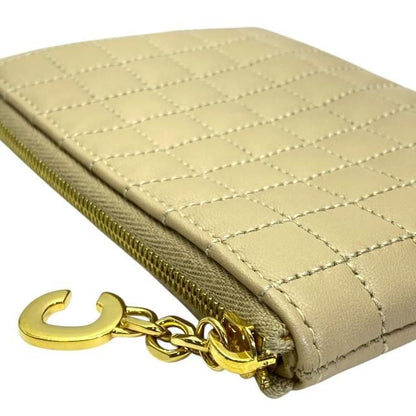 Celine Ccharm Coin Case Coin Purse Mini Pouch Quilted Leather Beige