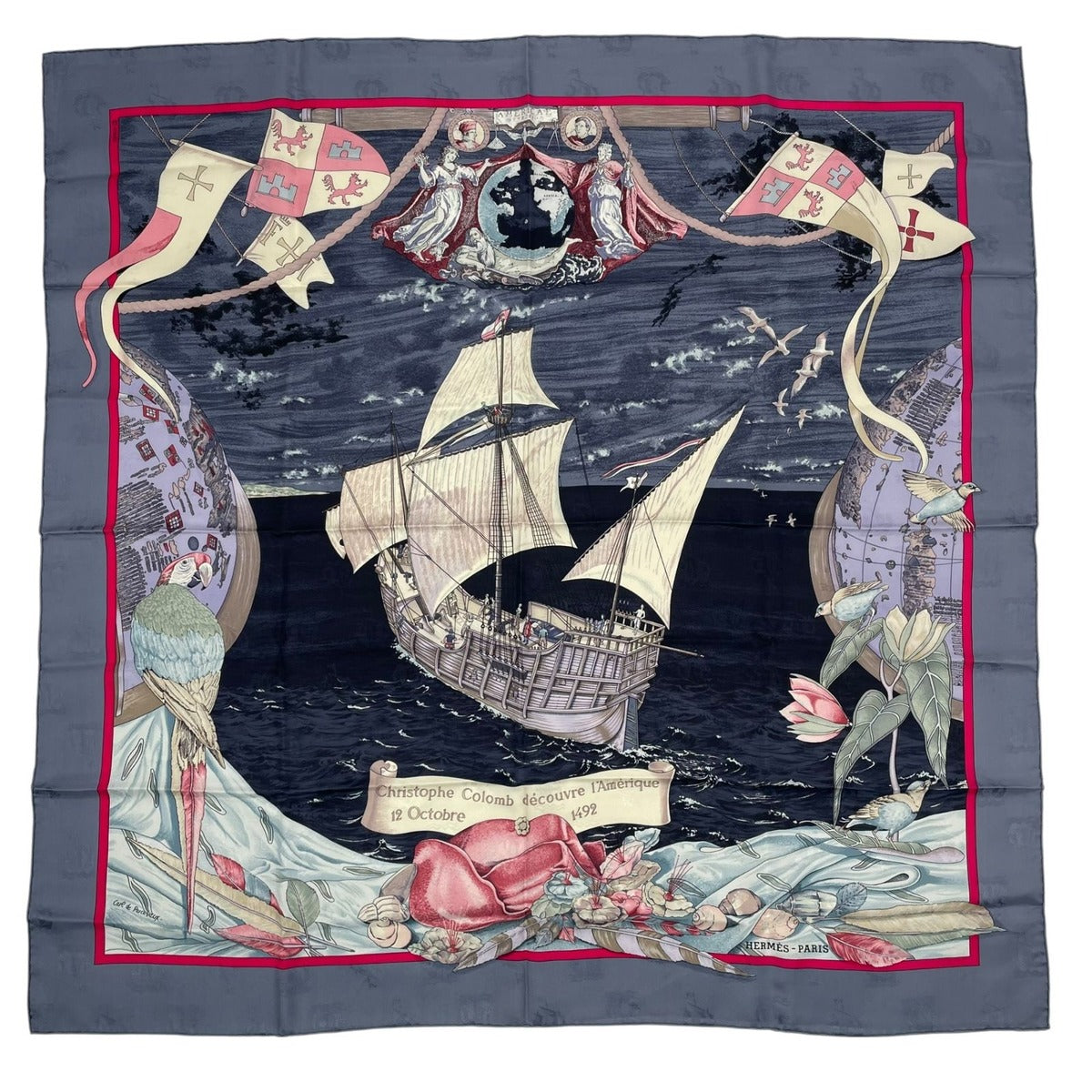Hermes Scarf Silk Carre 90 Christophe Colomb Decouvre L'amerique 12 Octobre