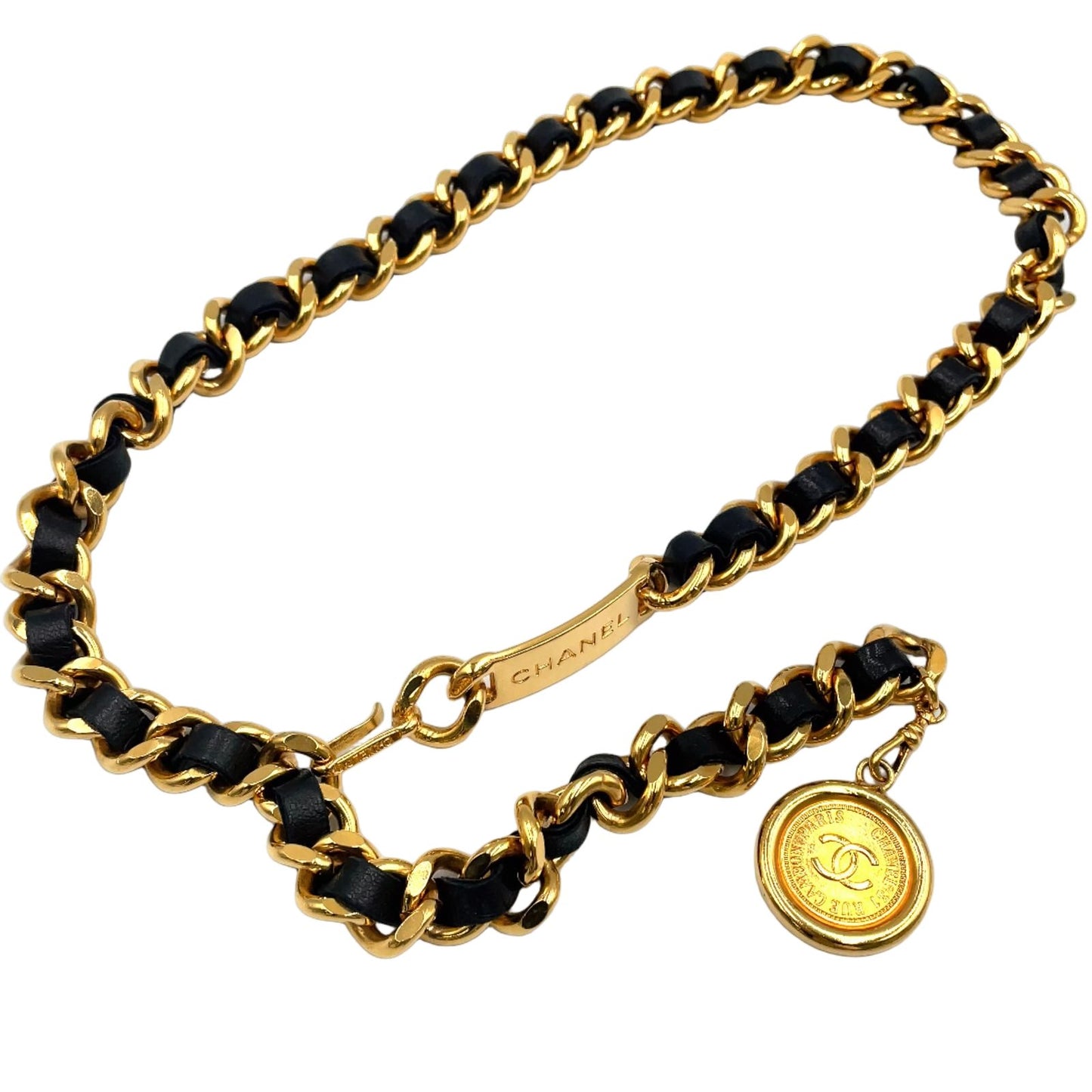 Chanel CC Logo Cambon Coin Lambskin Gold Plated Black Chain Belt