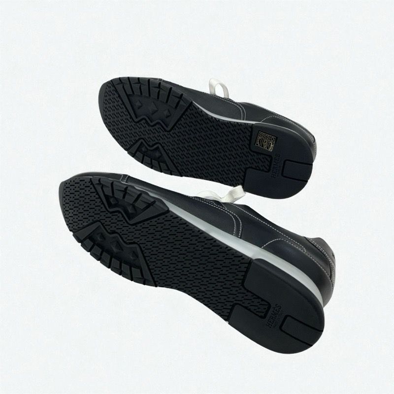 Hermes Trail Sneakers Shoes Leather Black Unused Logo Men's