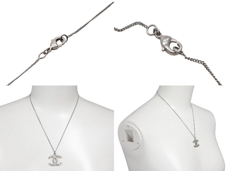 Chanel CC Logo Square Rhinestone Necklace 12 45 Silver Metal — view 5