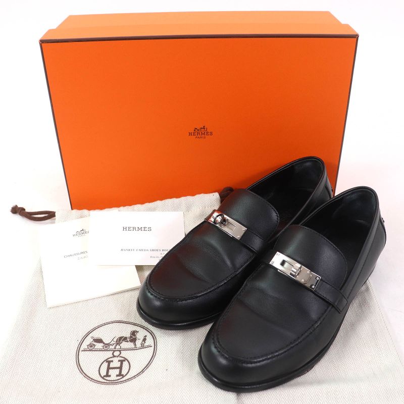 Hermes Destin Leather Silver Hardware Kelly Buckle Loafer Black 35.5 With Box