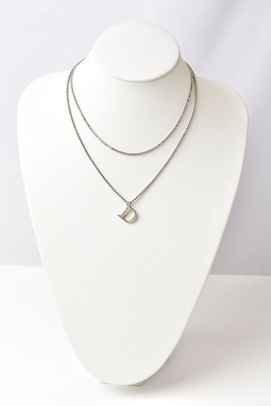 Christian Dior Necklace Vintage Double Chain Logo Rhinestone Silver