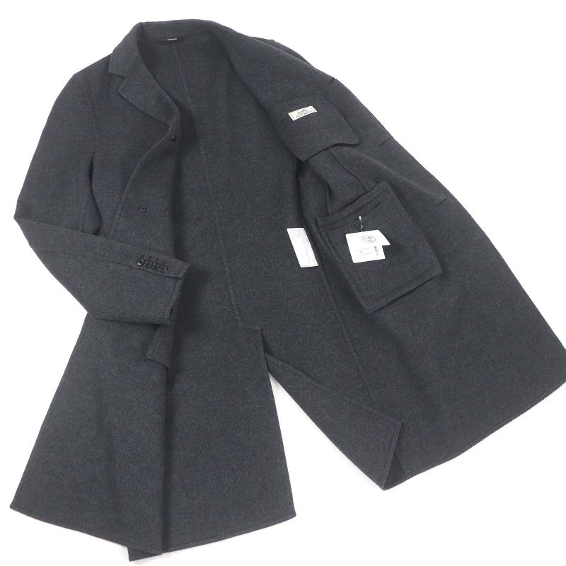 Hermes 20AW Manteau Liverpool Double 100% Cashmere Lamb Leather Use Charbon
