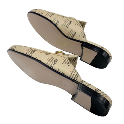 Gucci Prince Town Flat Shoes Leather Beige Red Gold Unused Mule Slipper Sandals