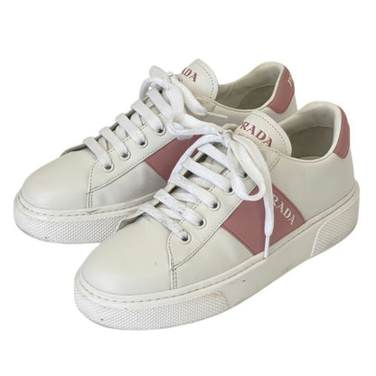Prada Logo Leather Low Cut Sneakers 37 White Pink