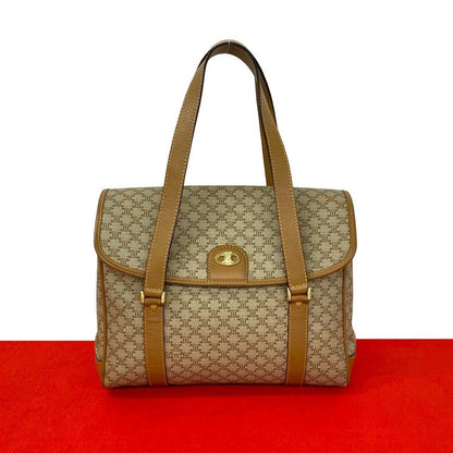 Celine Vintage Macadam Blason Logo Pattern Leather Handbag Mini Tote Brown Beige