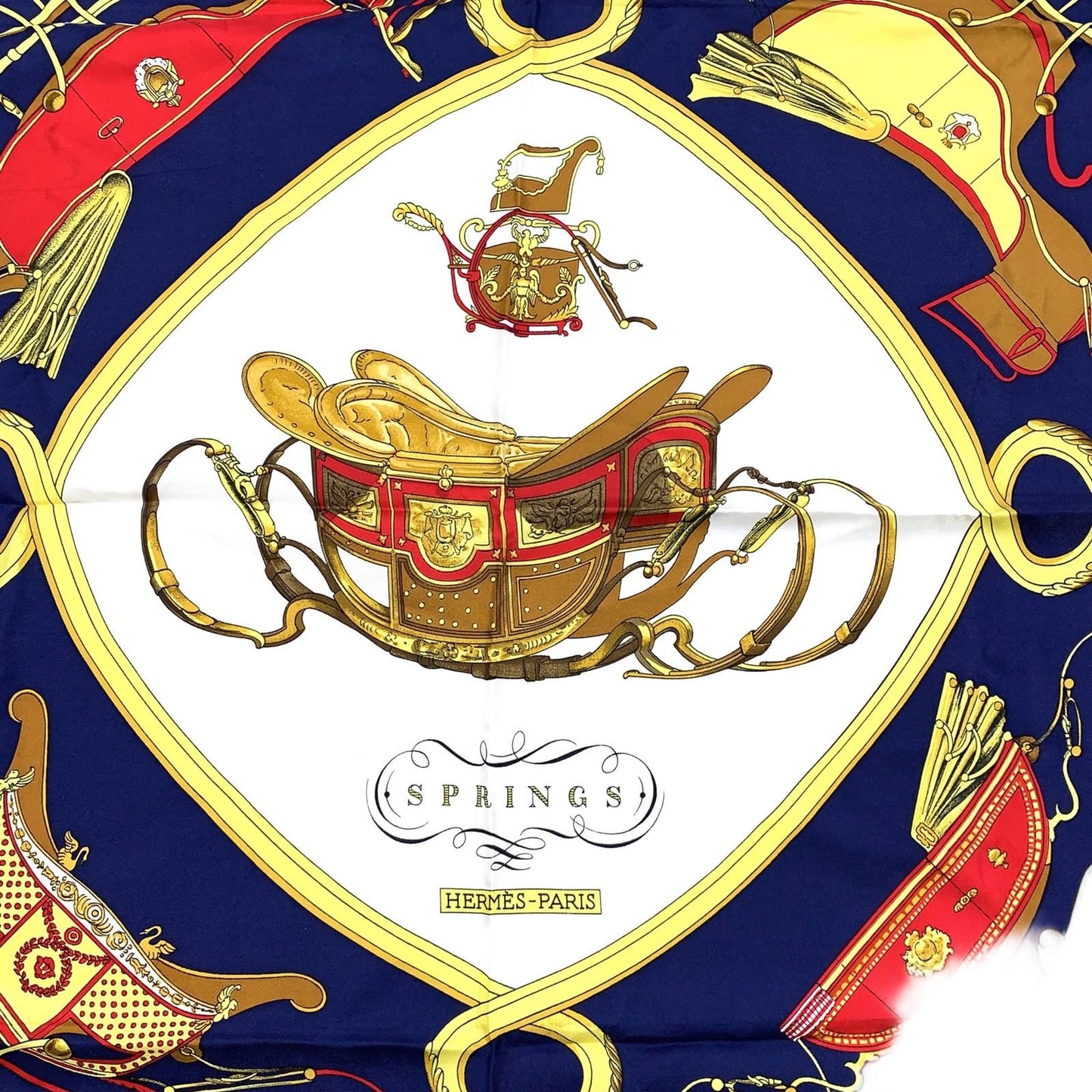 Hermes Carre 90 Spring Silk Yellow Navy White Scarf — view 2