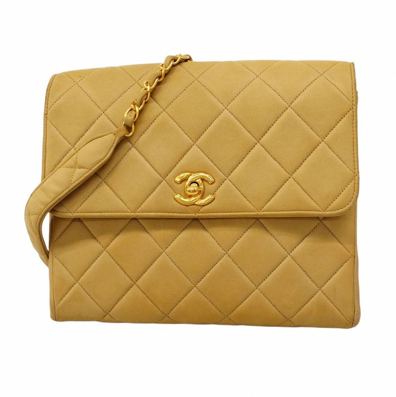 Chanel Shoulder Bag Matelasse Lambskin Beige Gold Hardware Women