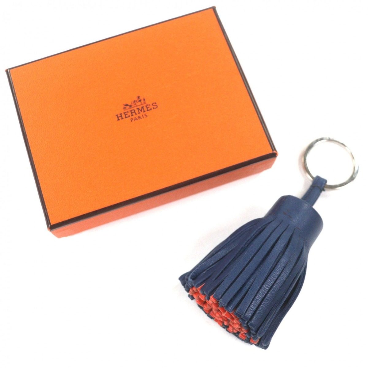 Hermes Carmen Leather Fringe Key Holder Bag Charm Navy Orange — view 2