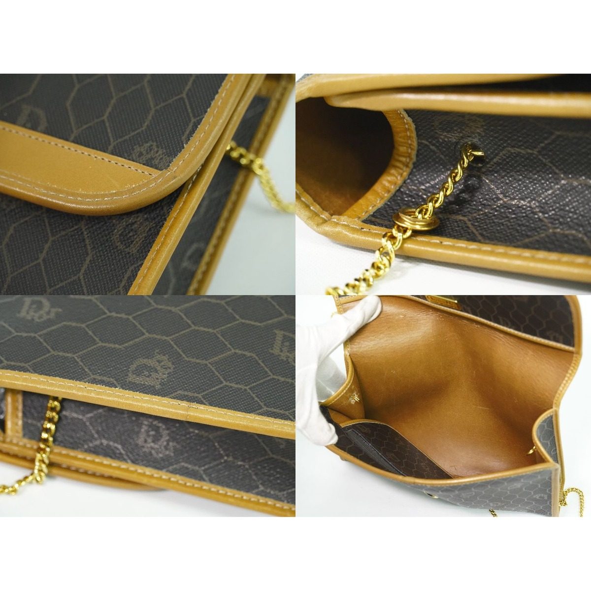 Dior Honeycomb Pattern Chain Shoulder Bag Pochette Black Brown — view 8
