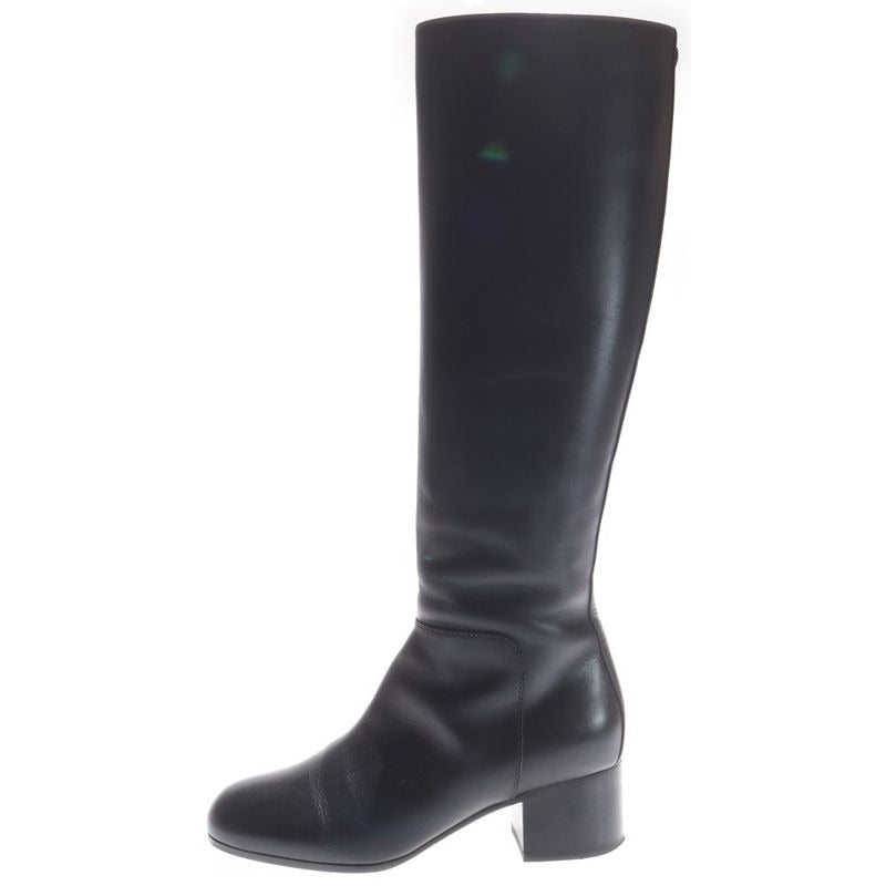 Hermes Plain Toe Side Zip Leather Long Boots Black