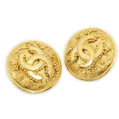 Chanel CC Logo Round Clip Type Earrings Gold Plated