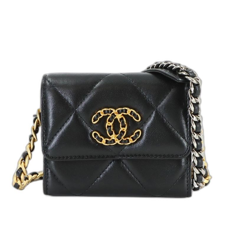 Chanel 19 Flap Coin Purse Chain Case Leather Black
