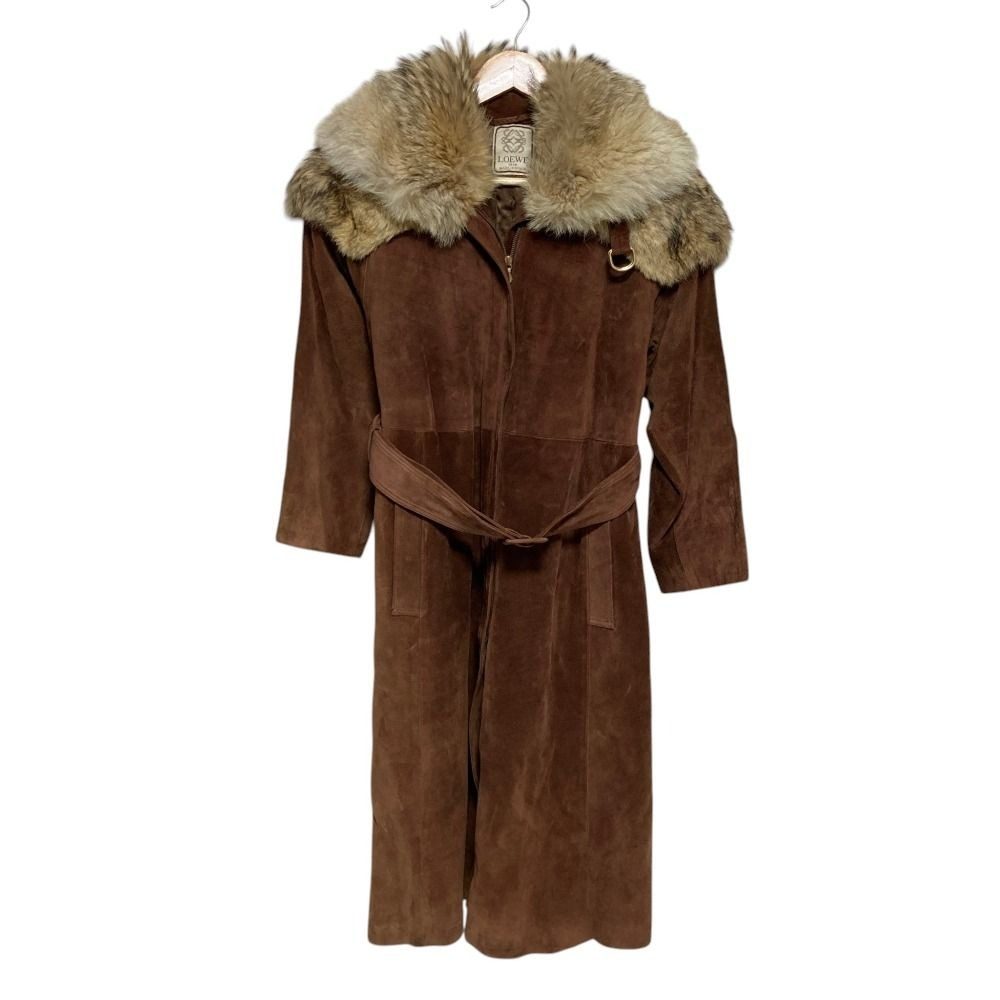 Loewe Vintage Koyo Tefa Suede Leather Belted Long Coat 42 Brown