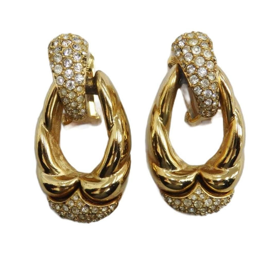 Dior Earrings Clip Type Logo Rhinestone Gold