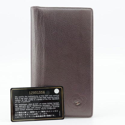 Chanel Camellia Coco Mark Leather Metallic Purple Women's Long Wallet