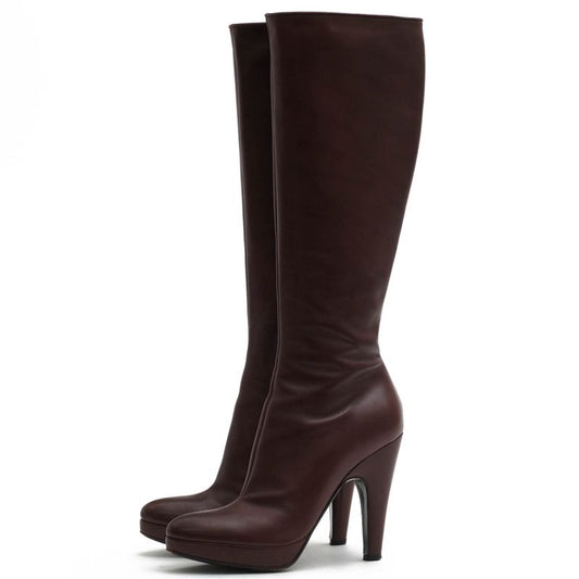 Prada Long Boots Shoes Women Leather Brown Side Zip High Heel
