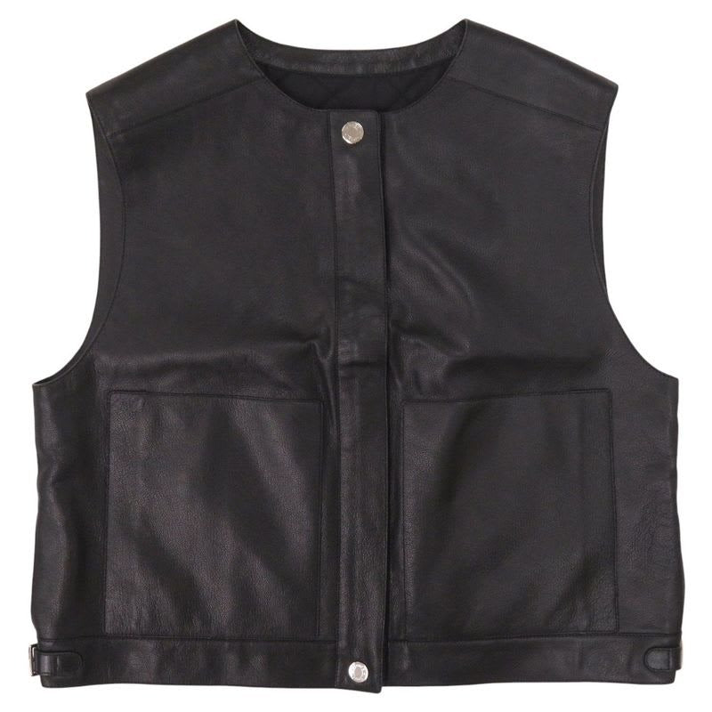 Hermes Serie Button Cashmere Goat Leather Black Sleeveless Vest 1229