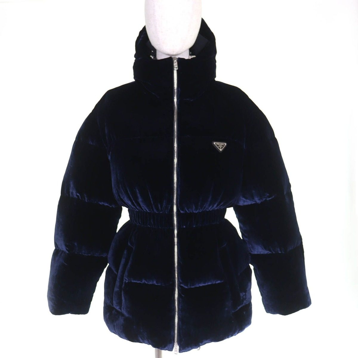 Prada Waist Togo Hooded Velvet Down Jacket Navy 36 with Hanger Garment
