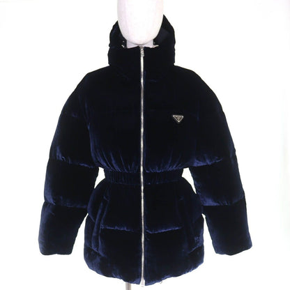 Prada Waist Togo Hooded Velvet Down Jacket Navy 36 with Hanger Garment
