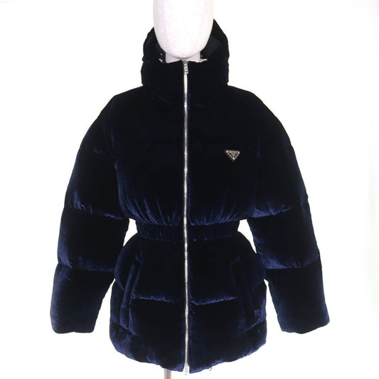 Prada Waist Togo Hooded Velvet Down Jacket Navy 36 with Hanger Garment