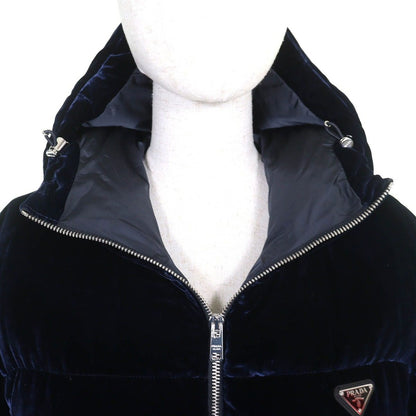 Prada Waist Togo Hooded Velvet Down Jacket Navy 36 with Hanger Garment — view 4