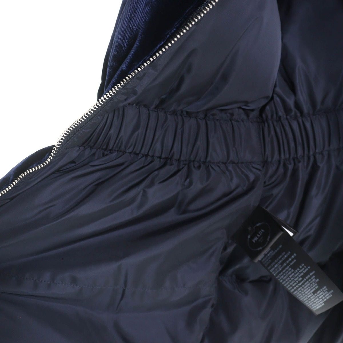 Prada Waist Togo Hooded Velvet Down Jacket Navy 36 with Hanger Garment — view 6