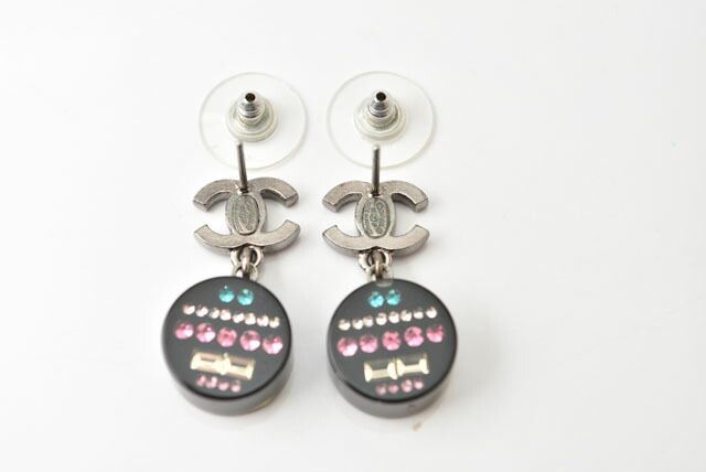Chanel Earrings Chanel CC Coco Mark Circle Rhinestone Multicolor Rose Black