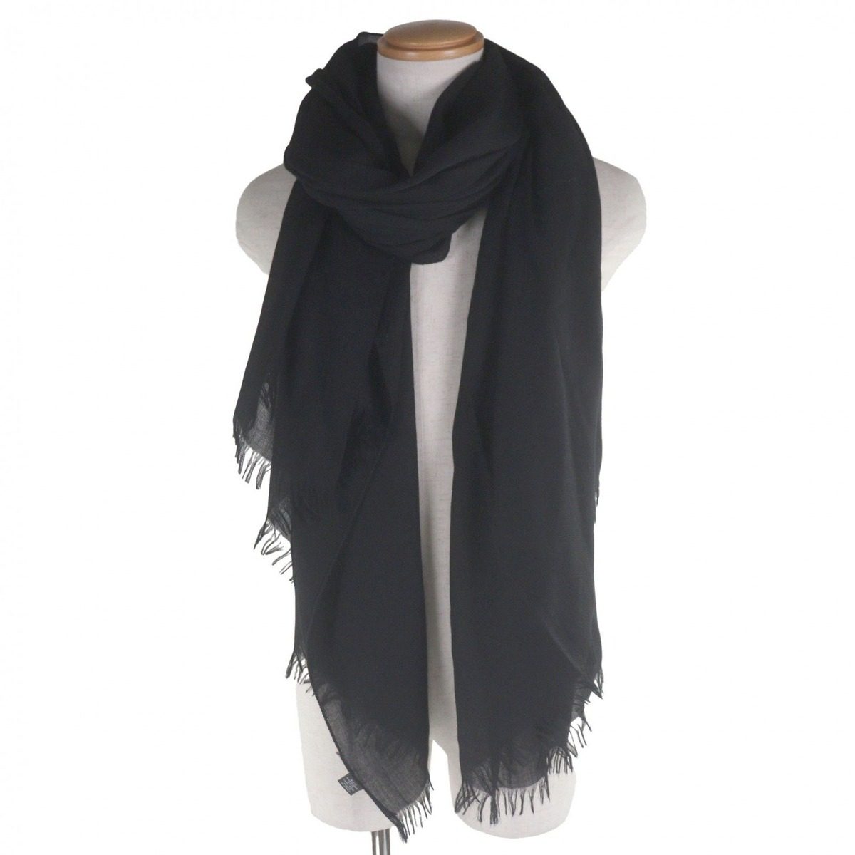 Hermes Cashmere Wool H Logo Large Scarf with Fringe Shawl Black — view 2