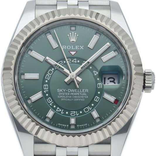 Rolex Sky Dweller Watch Jubilee Mint Green Box 18k White Gold SS