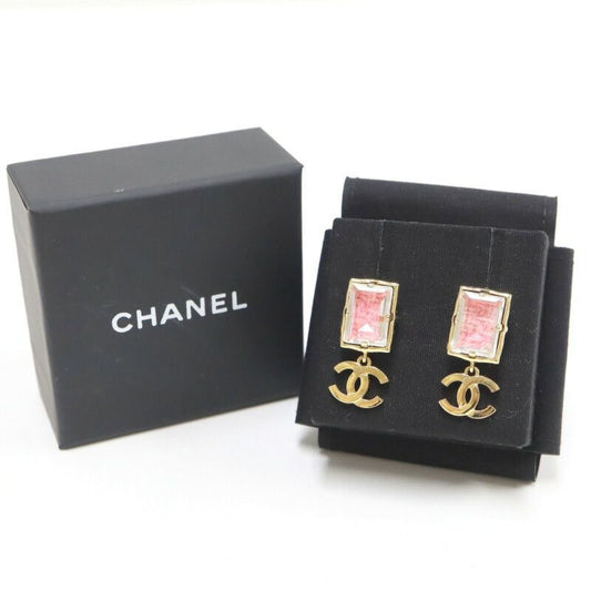 Chanel Earrings CC Logo Crystal Pink Tweed Gold