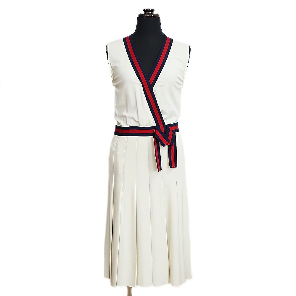 Gucci Dress Sherry Ribbon Pleats Ivory XS Sleeveless Skirt