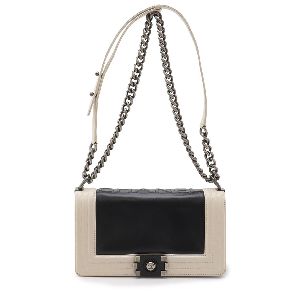 Chanel 25 CC Logo Chain Shoulder Bag Leather Black Ivory Antique Silver
