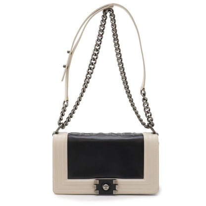 Chanel 25 CC Logo Chain Shoulder Bag Leather Black Ivory Antique Silver