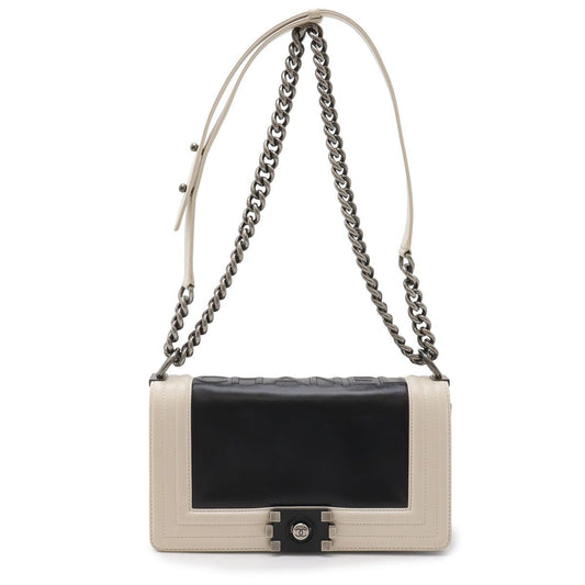Chanel 25 CC Logo Chain Shoulder Bag Leather Black Ivory Antique Silver