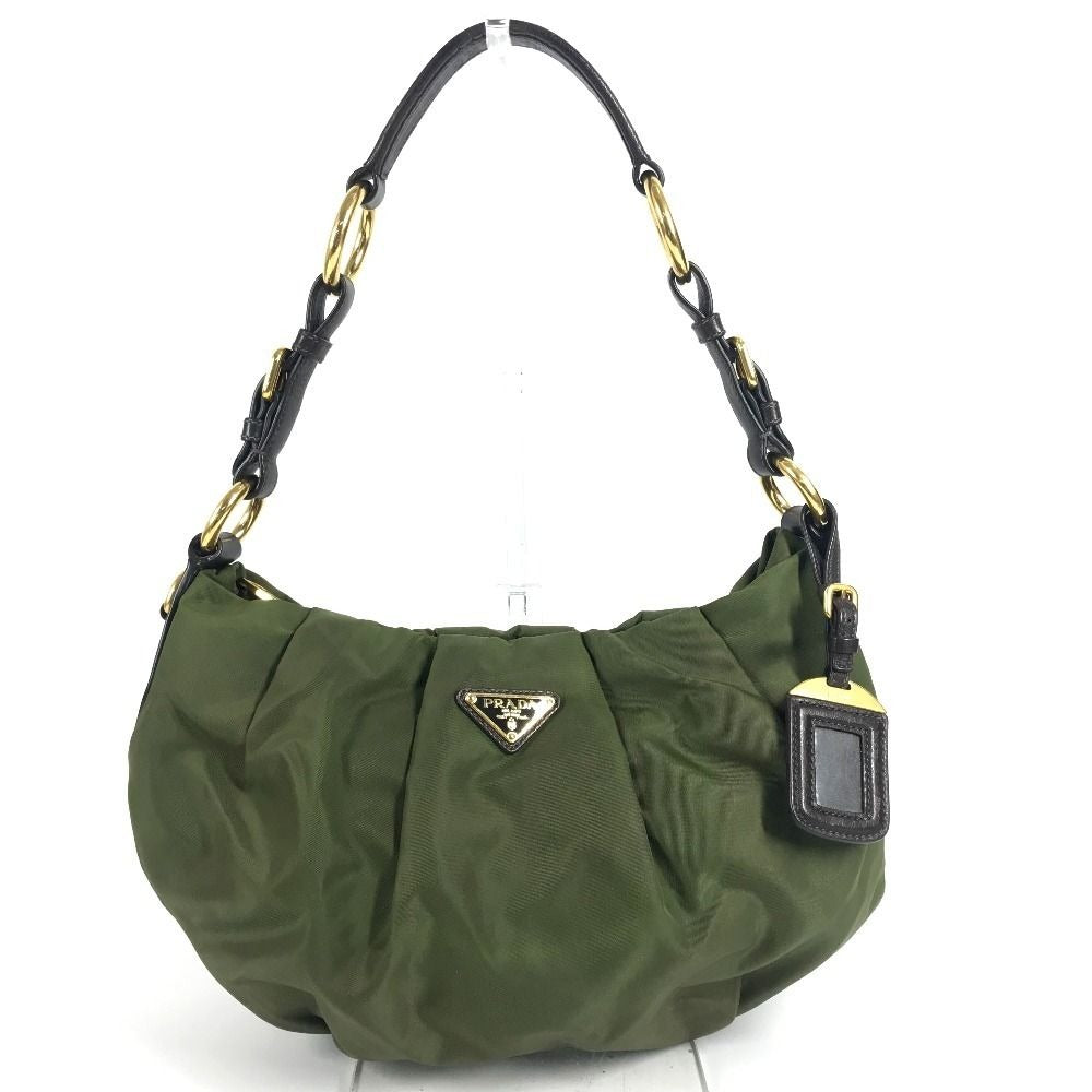 Prada Shoulder Bag Triangle Logo Leather Nylon Khaki Brown