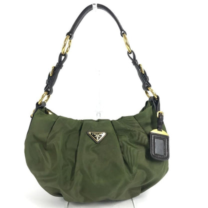 Prada Shoulder Bag Triangle Logo Leather Nylon Khaki Brown