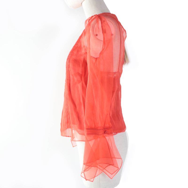 Gucci 2020 633322 100% Silk Sheer Long Sleeve Blouse Top With Rhinestones Red
