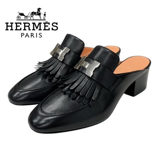 Hermes Cheilly Loafer Leather Shoes Leather Black Silver Hhardware Constance