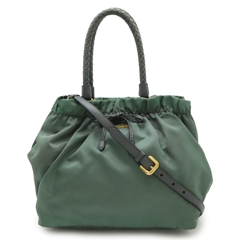 Prada Gathered Ribbon Handbag Braided Handle 2-Way Shoulder Bag Nylon Ardesia
