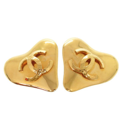 Chanel Vintage Coco Mark Heart Metal Gold Earrings 0179