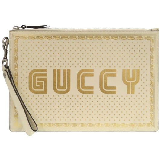 Gucci Sega Guccy Print Second Leather Ivory White Clutch